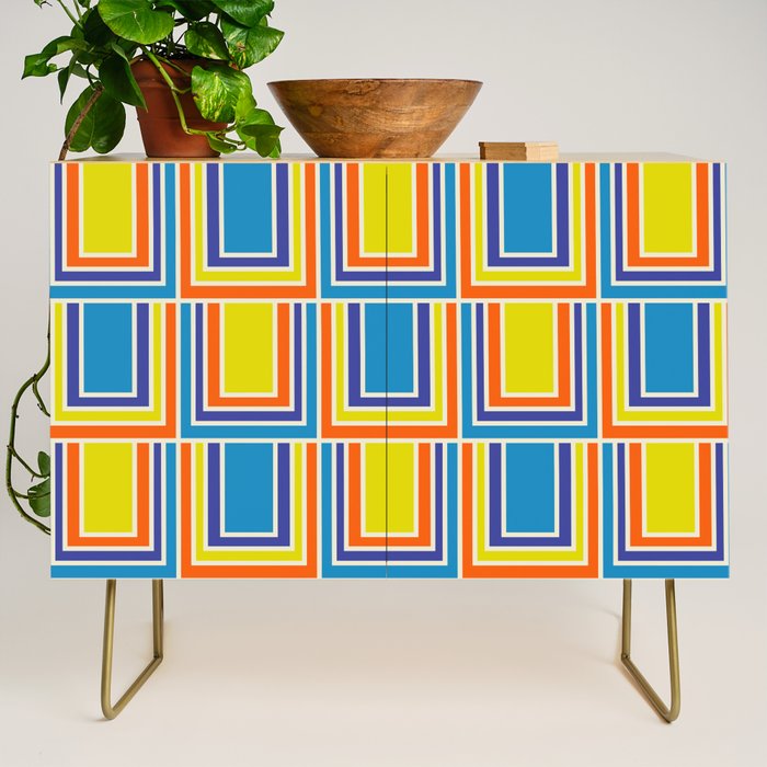 Cheerful Retro Geometric Mod Portes Pattern Blue Orange Yellow Cream Credenza Gallery Image 1
