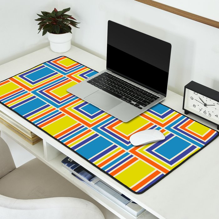 Cheerful Retro Geometric Mod Portes Pattern Blue Orange Yellow Cream Desk Mat Gallery Image 2