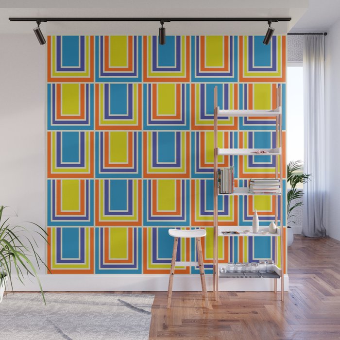 Cheerful Retro Geometric Mod Portes Pattern Blue Orange Yellow Cream Wall Mural Gallery Image 1