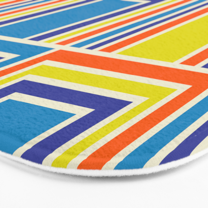 Cheerful Retro Geometric Mod Portes Pattern Blue Orange Yellow Cream Bath Mat Gallery Image 3