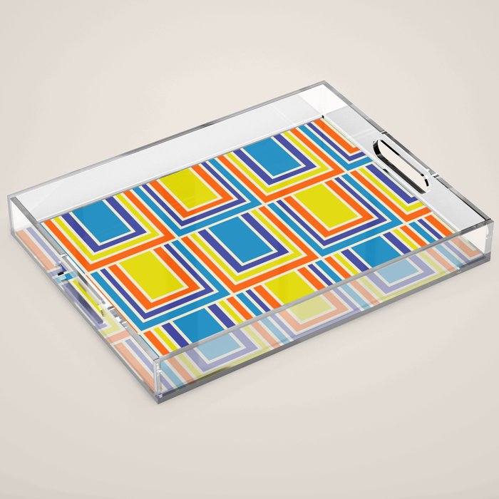 Cheerful Retro Geometric Mod Portes Pattern Blue Orange Yellow Cream Acrylic Tray Gallery Image 1