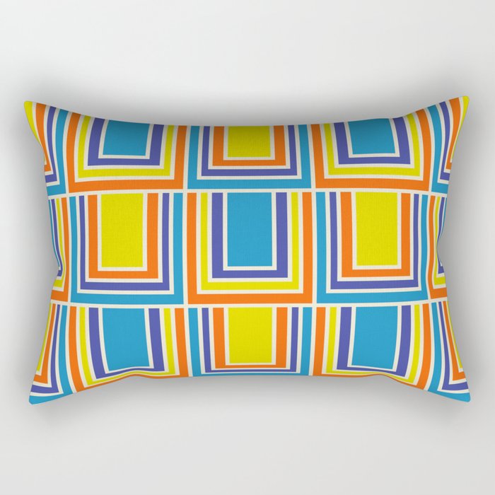 Cheerful Retro Geometric Mod Portes Pattern Blue Orange Yellow Cream Rectangular Pillow Gallery Image 2