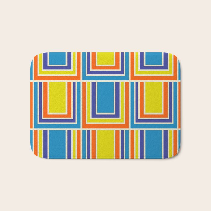 Cheerful Retro Geometric Mod Portes Pattern Blue Orange Yellow Cream Bath Mat Gallery Image 1