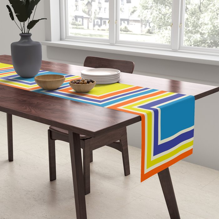 Cheerful Retro Geometric Mod Portes Pattern Blue Orange Yellow Cream Table Runner Gallery Image 2