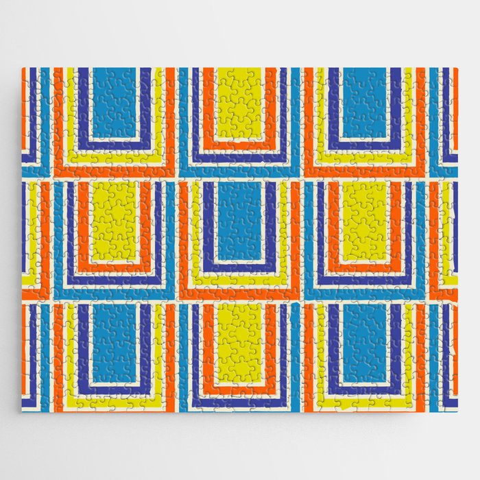 Cheerful Retro Geometric Mod Portes Pattern Blue Orange Yellow Cream Jigsaw Puzzle Gallery Image 1