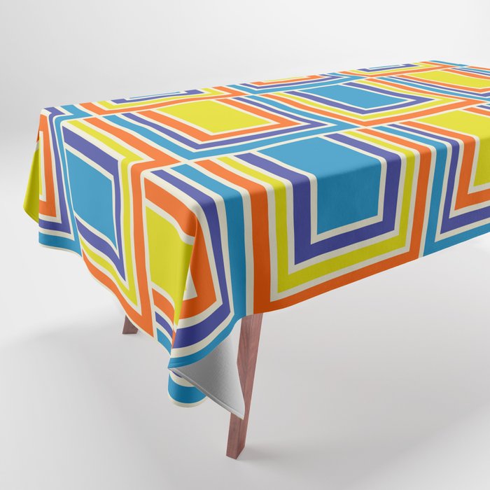Cheerful Retro Geometric Mod Portes Pattern Blue Orange Yellow Cream Tablecloth Gallery Image 1