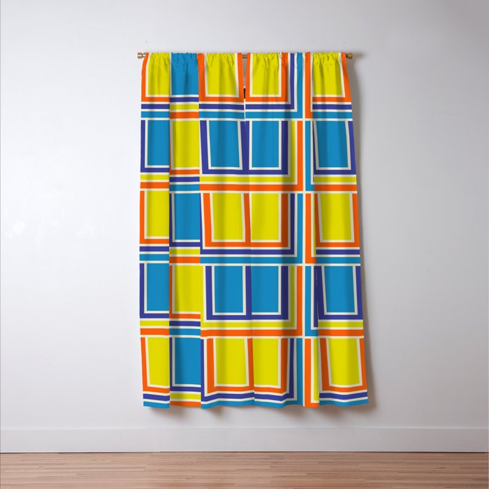 Cheerful Retro Geometric Mod Portes Pattern Blue Orange Yellow Cream Window Curtain Gallery Image 3