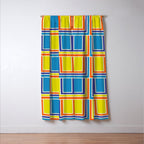 Cheerful Retro Geometric Mod Portes Pattern Blue Orange Yellow Cream Window Curtain Gallery Image 3