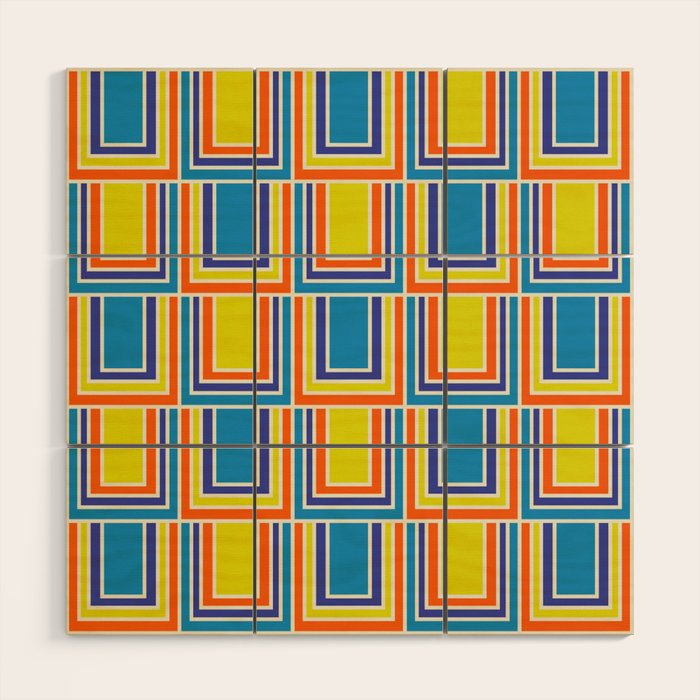 Cheerful Retro Geometric Mod Portes Pattern Blue Orange Yellow Cream Wood Wall Art Gallery Image 1