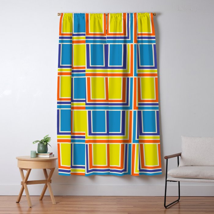 Cheerful Retro Geometric Mod Portes Pattern Blue Orange Yellow Cream Window Curtain Gallery Image 5
