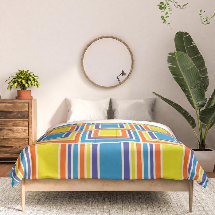 Cheerful Retro Geometric Mod Portes Pattern Blue Orange Yellow Cream Comforter Gallery Image 3