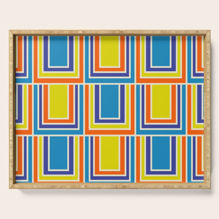 Cheerful Retro Geometric Mod Portes Pattern Blue Orange Yellow Cream Serving Tray Gallery Image 1