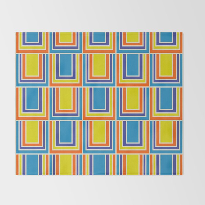 Cheerful Retro Geometric Mod Portes Pattern Blue Orange Yellow Cream Throw Blanket Gallery Image 2