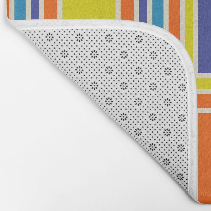 Cheerful Retro Geometric Mod Portes Pattern Blue Orange Yellow Cream Bath Mat Gallery Image 2