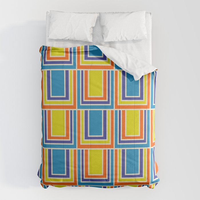 Cheerful Retro Geometric Mod Portes Pattern Blue Orange Yellow Cream Comforter Gallery Image 1