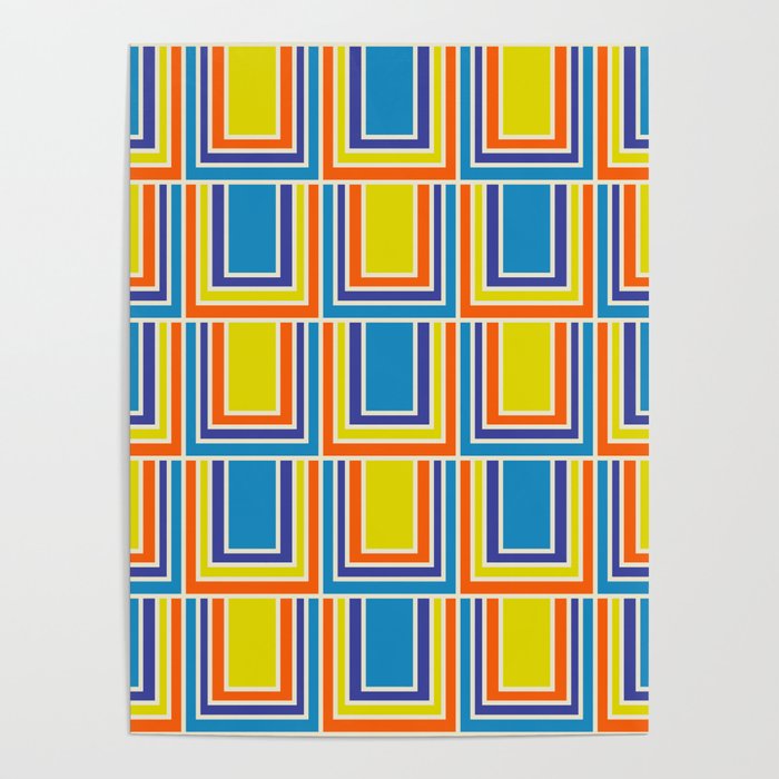 Cheerful Retro Geometric Mod Portes Pattern Blue Orange Yellow Cream Poster Gallery Image 1