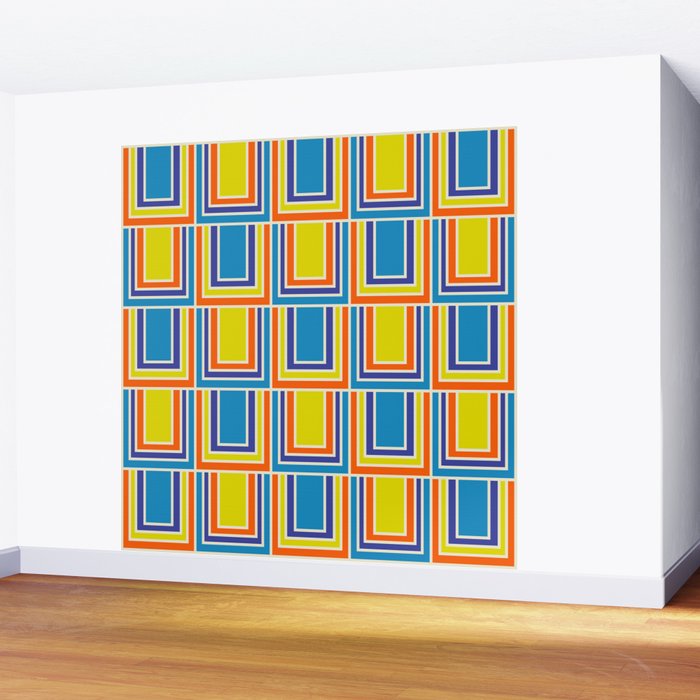Cheerful Retro Geometric Mod Portes Pattern Blue Orange Yellow Cream Wall Mural Gallery Image 2