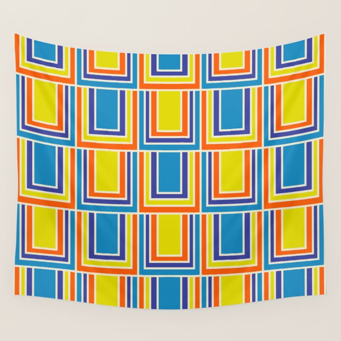 Cheerful Retro Geometric Mod Portes Pattern Blue Orange Yellow Cream Wall Tapestry Gallery Image 1