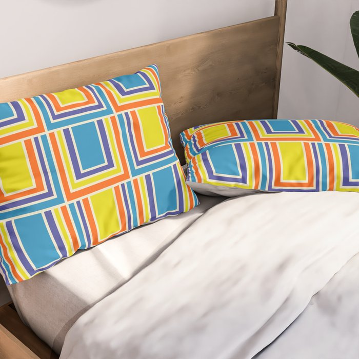 Cheerful Retro Geometric Mod Portes Pattern Blue Orange Yellow Cream Pillow Sham Gallery Image 2