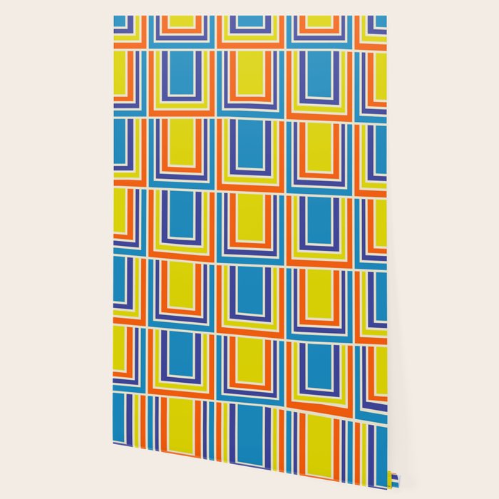 Cheerful Retro Geometric Mod Portes Pattern Blue Orange Yellow Cream Wallpaper Gallery Image 2