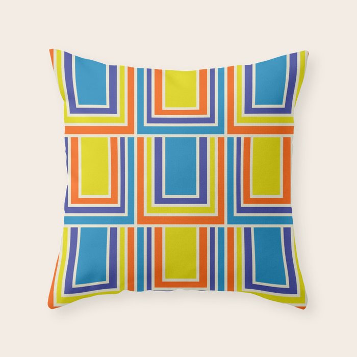 Cheerful Retro Geometric Mod Portes Pattern Blue Orange Yellow Cream Throw Pillow Gallery Image 6