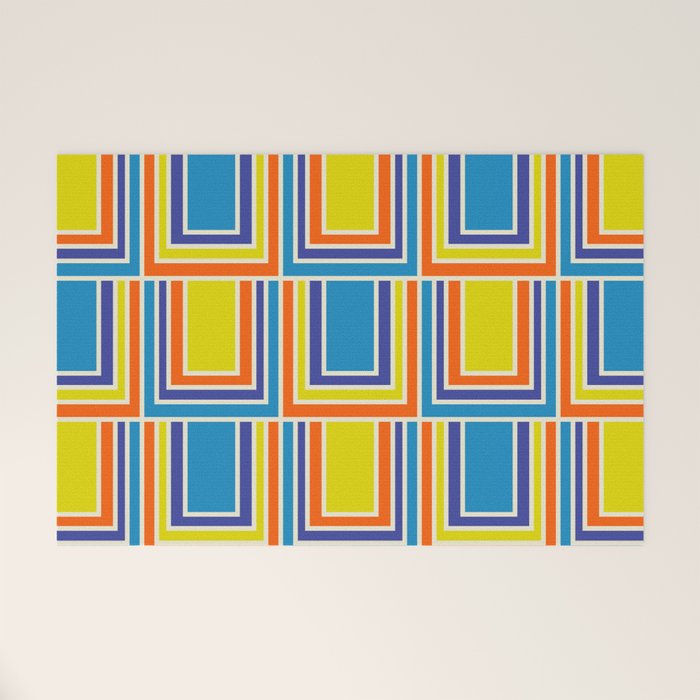 Cheerful Retro Geometric Mod Portes Pattern Blue Orange Yellow Cream Welcome Mat Gallery Image 1