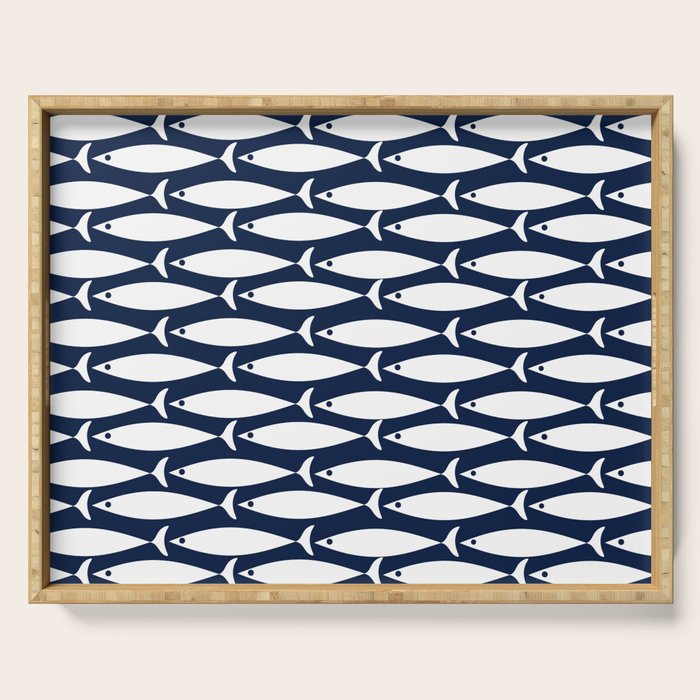Mid-Century Modern Fish Pattern in Nautical Navy Blue and White Serving Tray Gallery Image 1