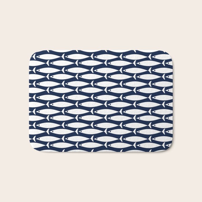 Mid-Century Modern Fish Pattern in Nautical Navy Blue and White Bath Mat Gallery Image 1