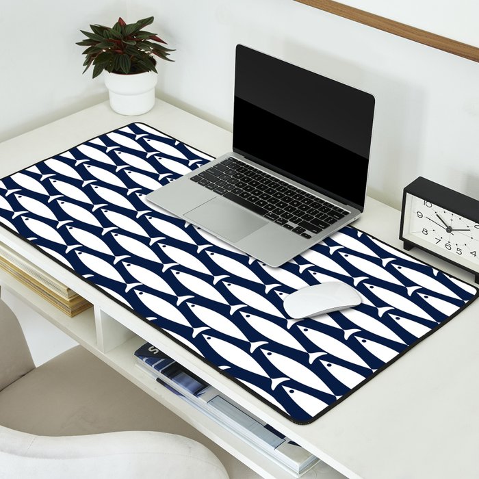 Mid-Century Modern Fish Pattern in Nautical Navy Blue and White Desk Mat Gallery Image 2