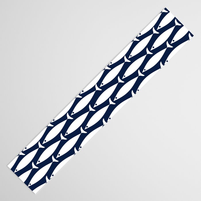 Mid-Century Modern Fish Pattern in Nautical Navy Blue and White Table Runner Gallery Image 3
