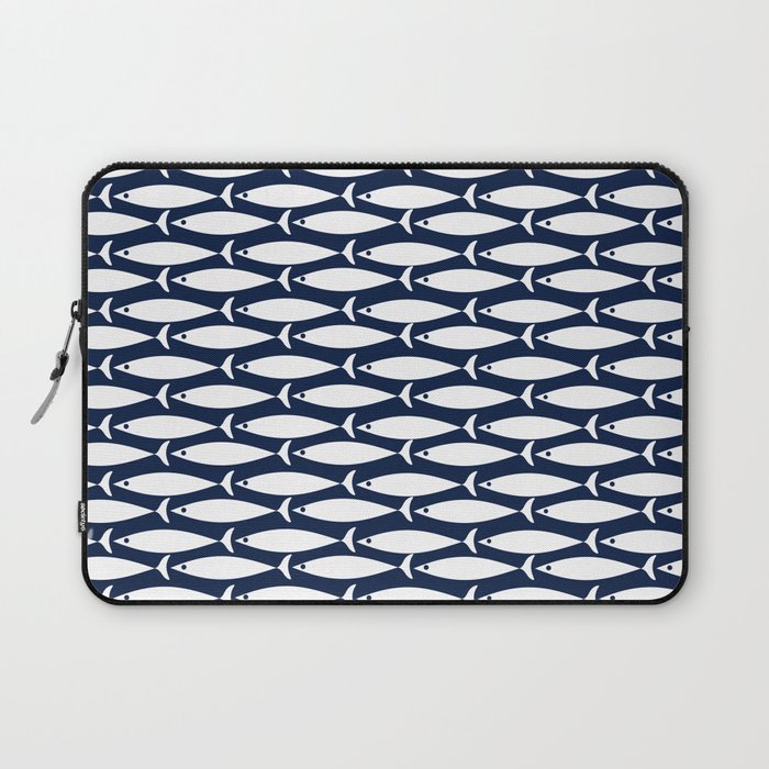 Mid-Century Modern Fish Pattern in Nautical Navy Blue and White Laptop Sleeve Gallery Image 1