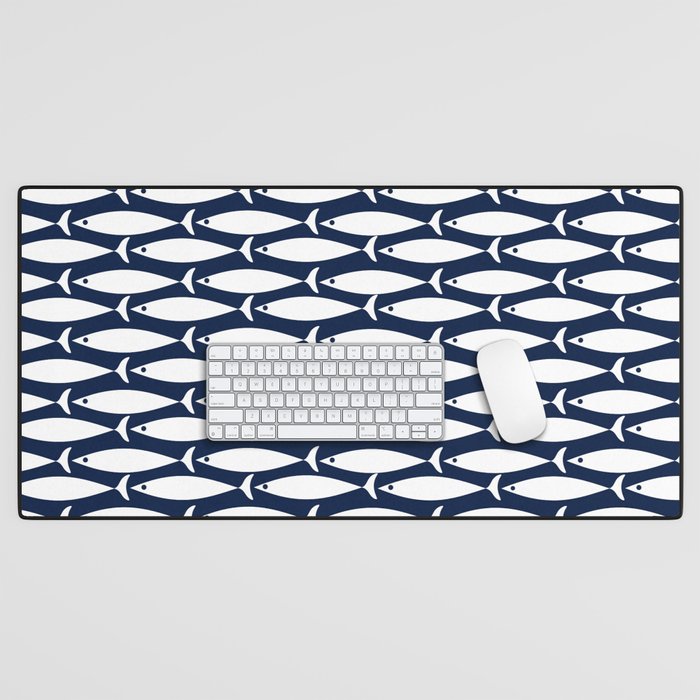 Mid-Century Modern Fish Pattern in Nautical Navy Blue and White Desk Mat Gallery Image 1