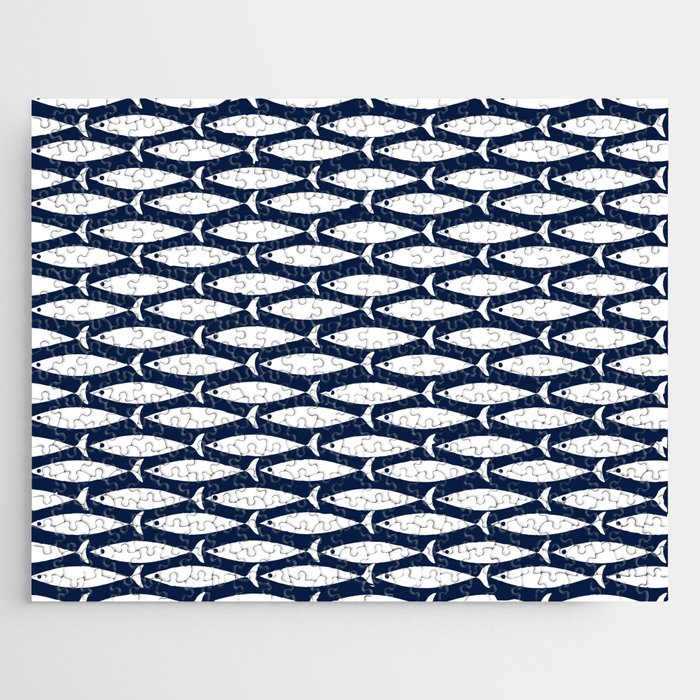 Mid-Century Modern Fish Pattern in Nautical Navy Blue and White Jigsaw Puzzle Gallery Image 1