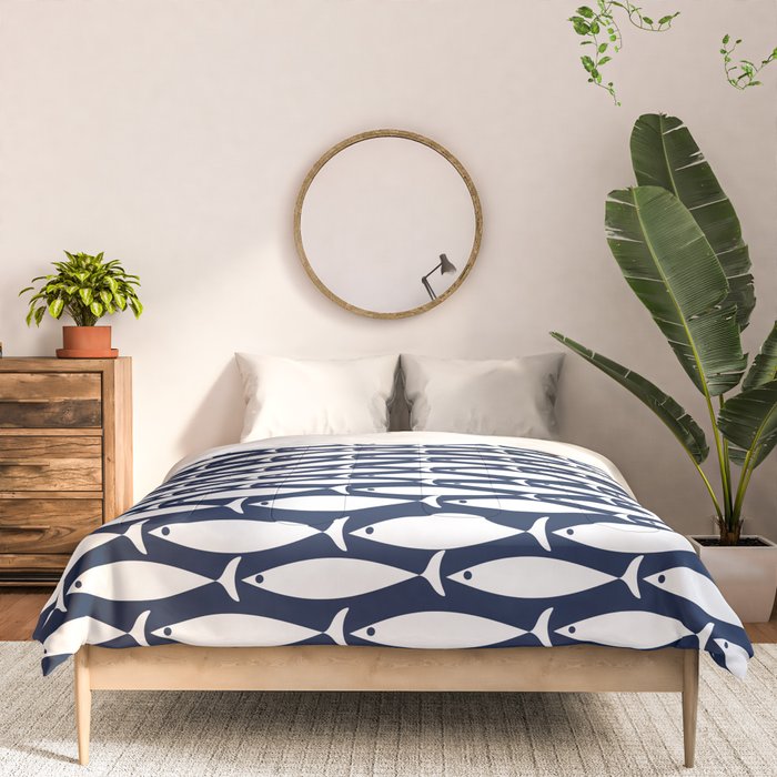 Mid-Century Modern Fish Pattern in Nautical Navy Blue and White Comforter Gallery Image 3