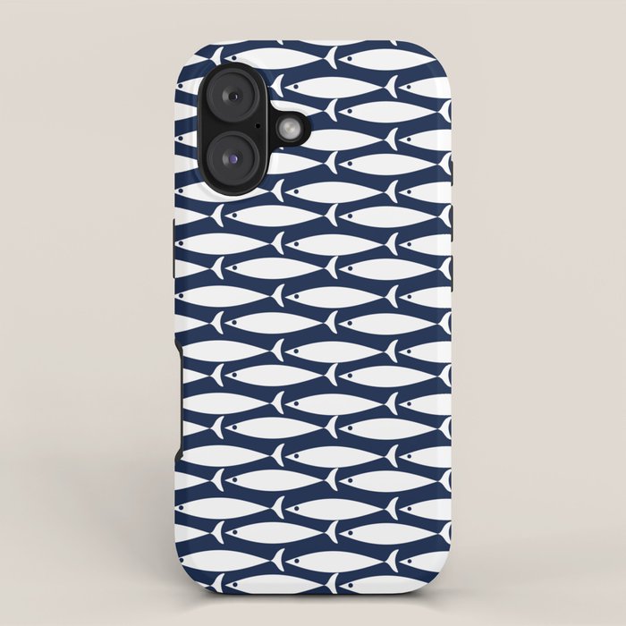 Mid-Century Modern Fish Pattern in Nautical Navy Blue and White iPhone Case Gallery Image 1