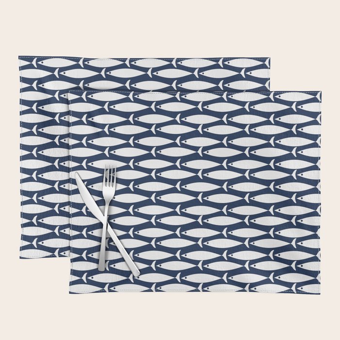 Mid-Century Modern Fish Pattern in Nautical Navy Blue and White Placemat Gallery Image 1