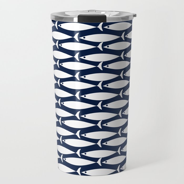 Mid-Century Modern Fish Pattern in Nautical Navy Blue and White Travel Mug Gallery Image 1