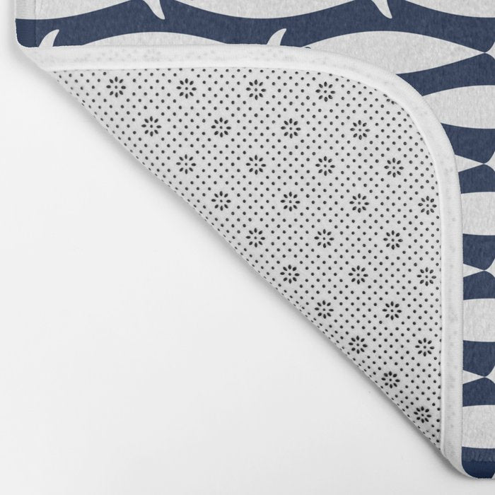 Mid-Century Modern Fish Pattern in Nautical Navy Blue and White Bath Mat Gallery Image 2