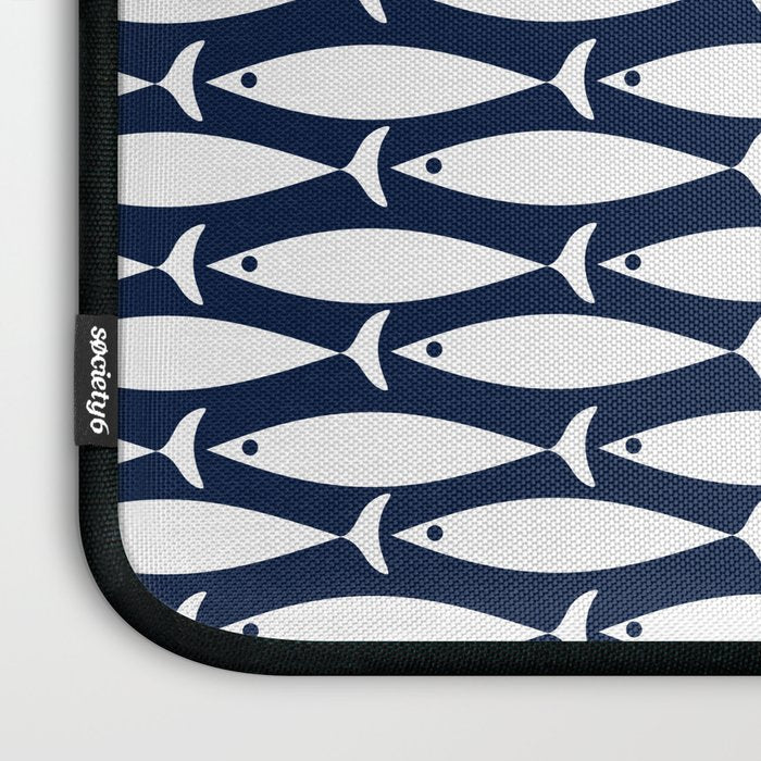 Mid-Century Modern Fish Pattern in Nautical Navy Blue and White Laptop Sleeve Gallery Image 3
