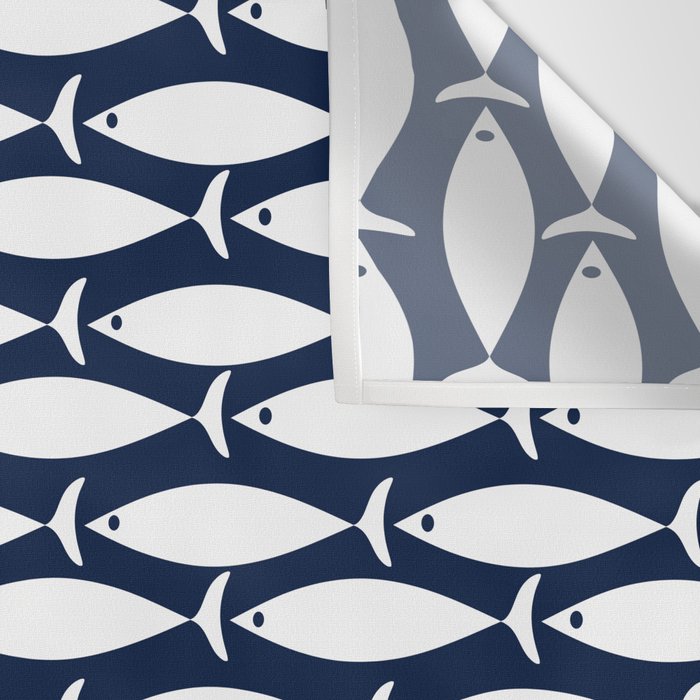 Mid-Century Modern Fish Pattern in Nautical Navy Blue and White Wall Tapestry Gallery Image 3