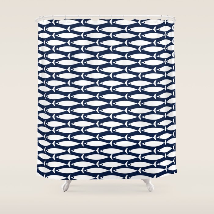 Mid-Century Modern Fish Pattern in Nautical Navy Blue and White Shower Curtain Gallery Image 1