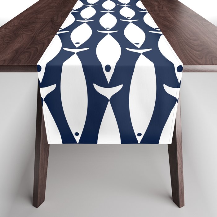 Mid-Century Modern Fish Pattern in Nautical Navy Blue and White Table Runner Gallery Image 1