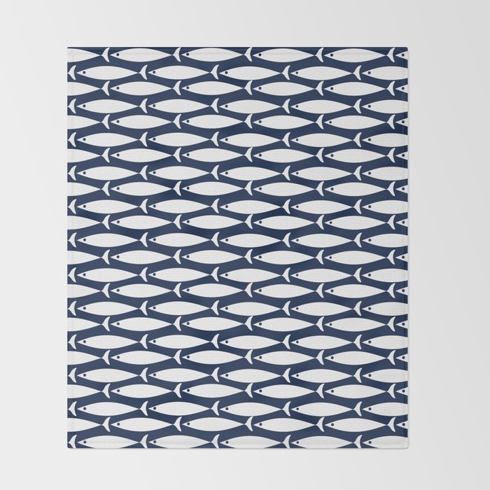 Mid-Century Modern Fish Pattern in Nautical Navy Blue and White Throw Blanket Gallery Image 2