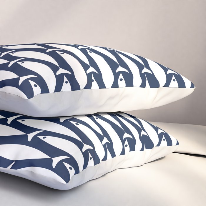 Mid-Century Modern Fish Pattern in Nautical Navy Blue and White Pillow Sham Gallery Image 3