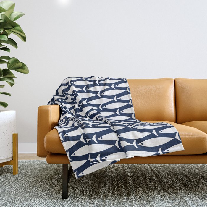 Mid-Century Modern Fish Pattern in Nautical Navy Blue and White Throw Blanket Gallery Image 1