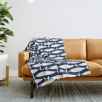 Mid-Century Modern Fish Pattern in Nautical Navy Blue and White Throw Blanket Gallery Image 1