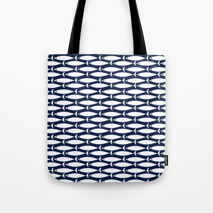 Mid-Century Modern Fish Pattern in Nautical Navy Blue and White Tote Bag Gallery Image 1