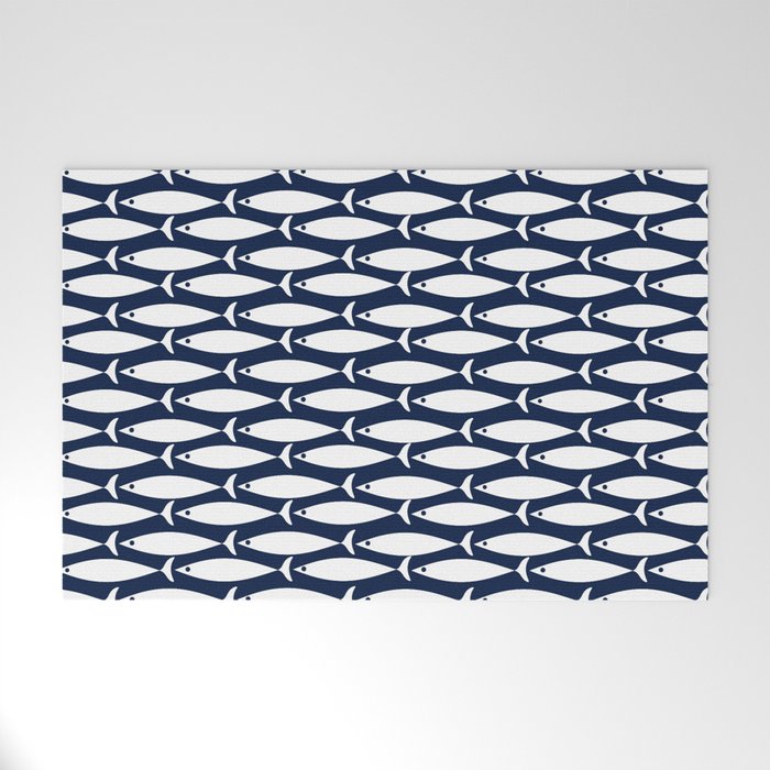 Mid-Century Modern Fish Pattern in Nautical Navy Blue and White Welcome Mat Gallery Image 1