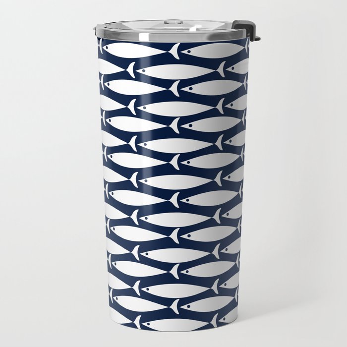 Mid-Century Modern Fish Pattern in Nautical Navy Blue and White Travel Mug Gallery Image 2
