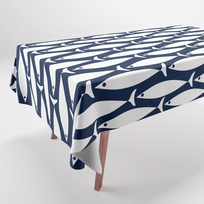 Mid-Century Modern Fish Pattern in Nautical Navy Blue and White Tablecloth Gallery Image 1